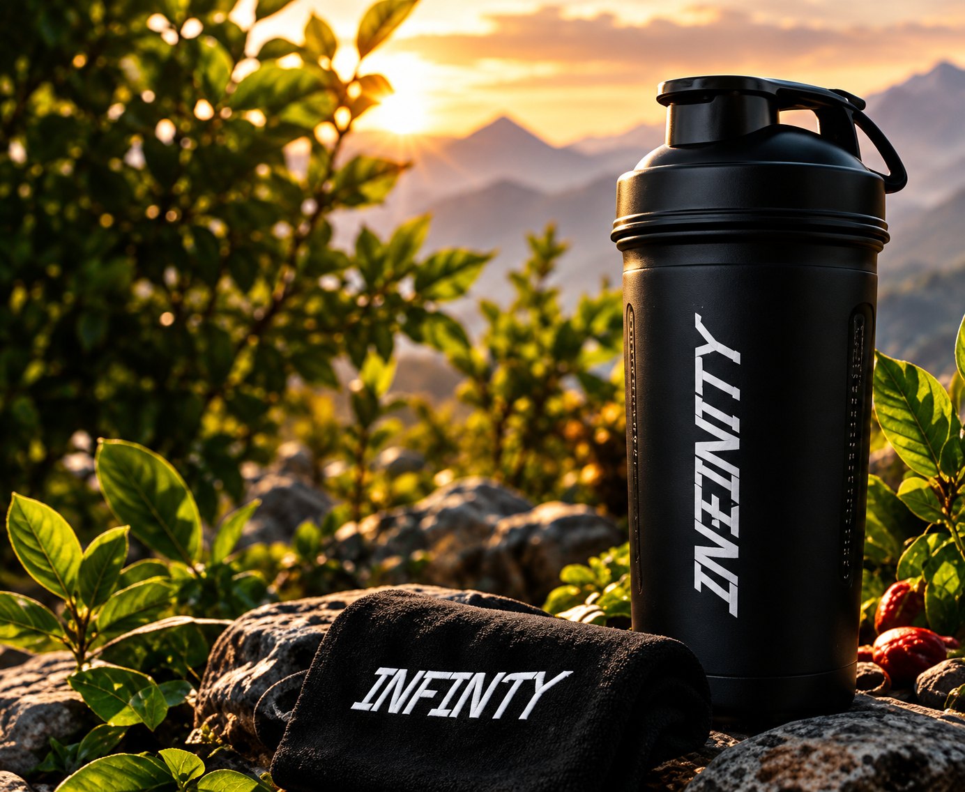 Infinity shaker and towel on a mountain ridge at sunrise