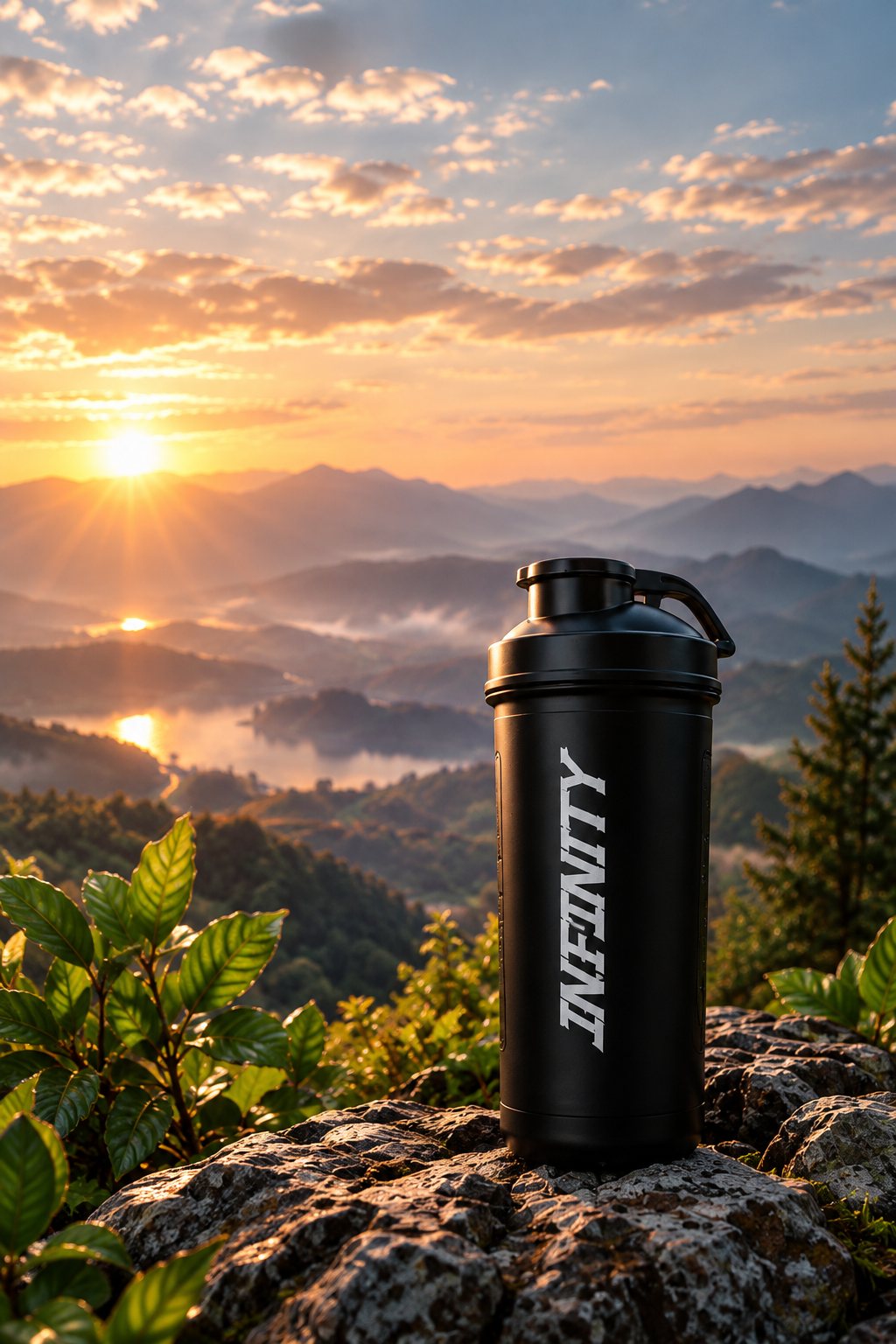 Infinity shaker bottle on a mountain ridge at sunrise