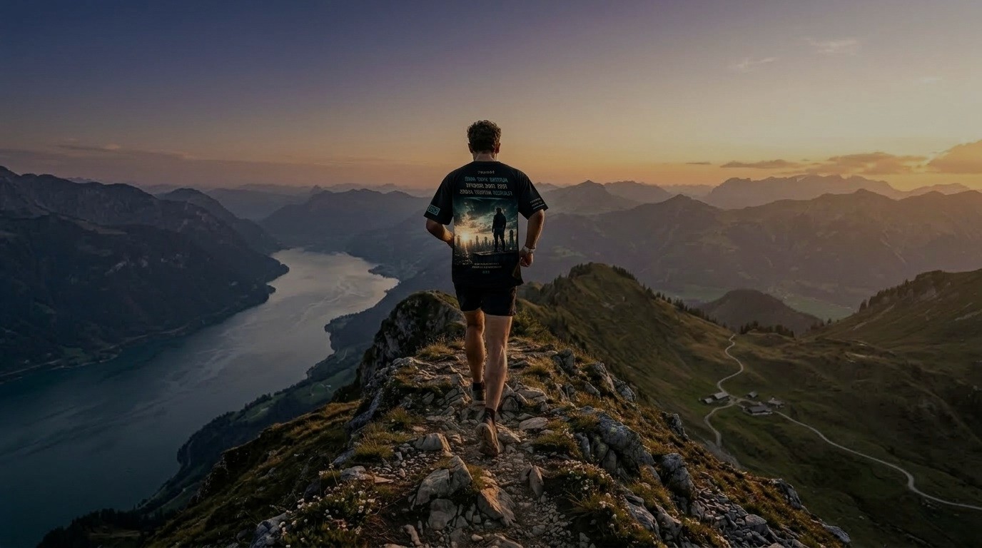 Runner on mountain ridge at sunset