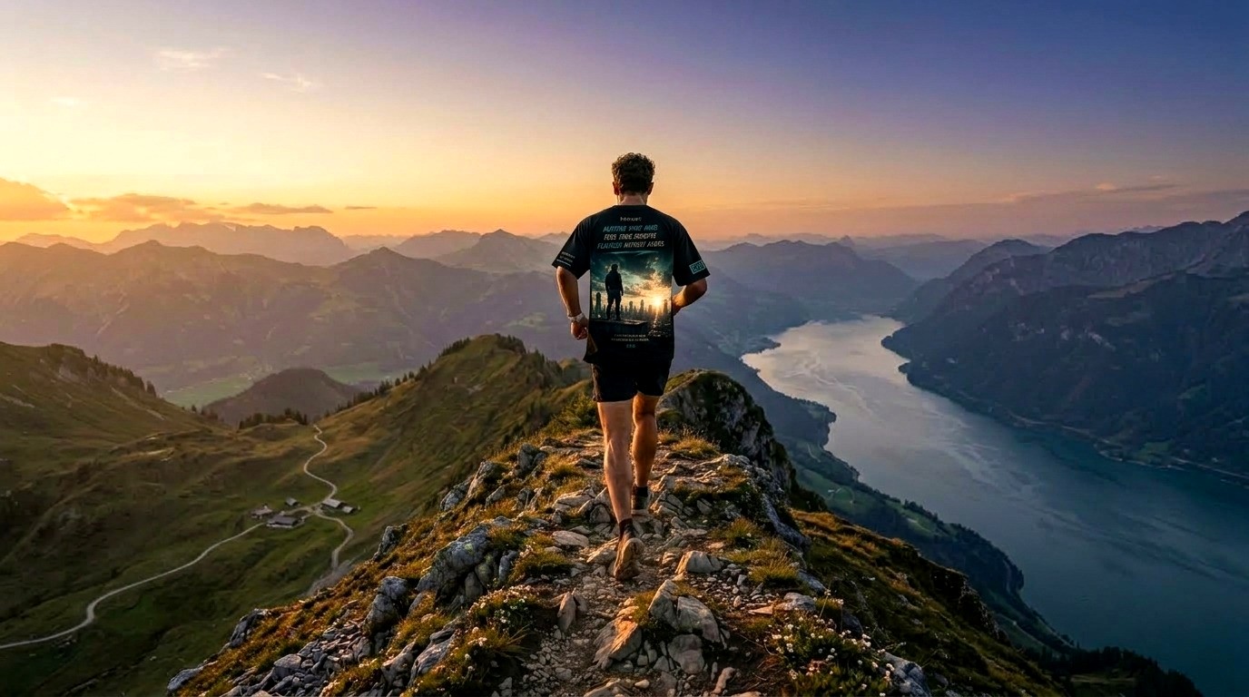 Man overlooking mountains at sunset