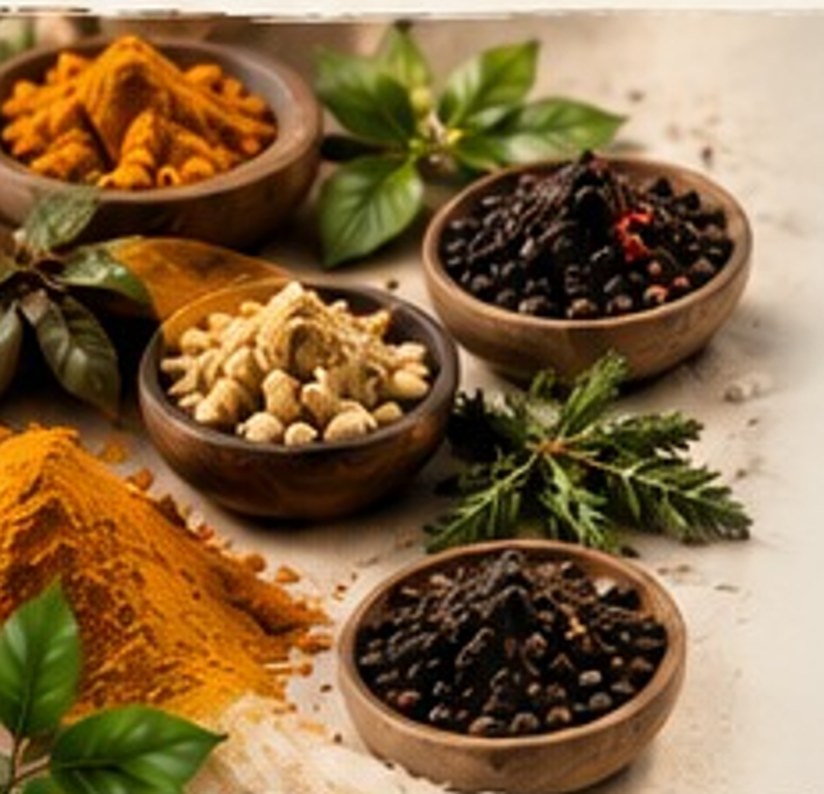 Bowls of turmeric, black pepper and herbs