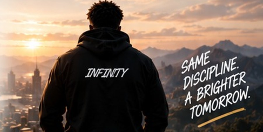 Man in an Infinity hoodie looking over a city at sunrise. Same discipline. A brighter tomorrow.